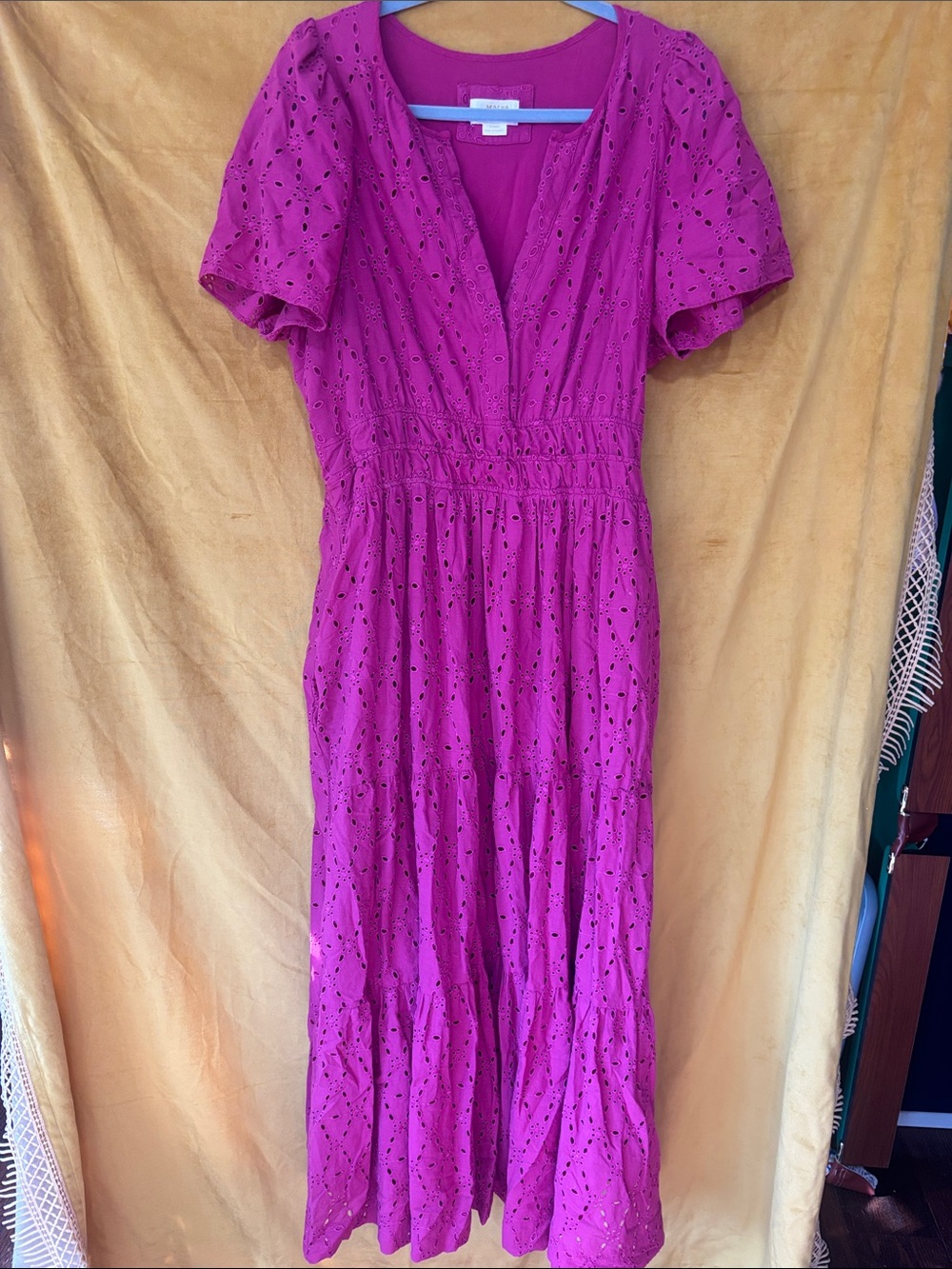 Anthropologie Somerset Bright Magenta Eyelet Maxi Dress EUC XL